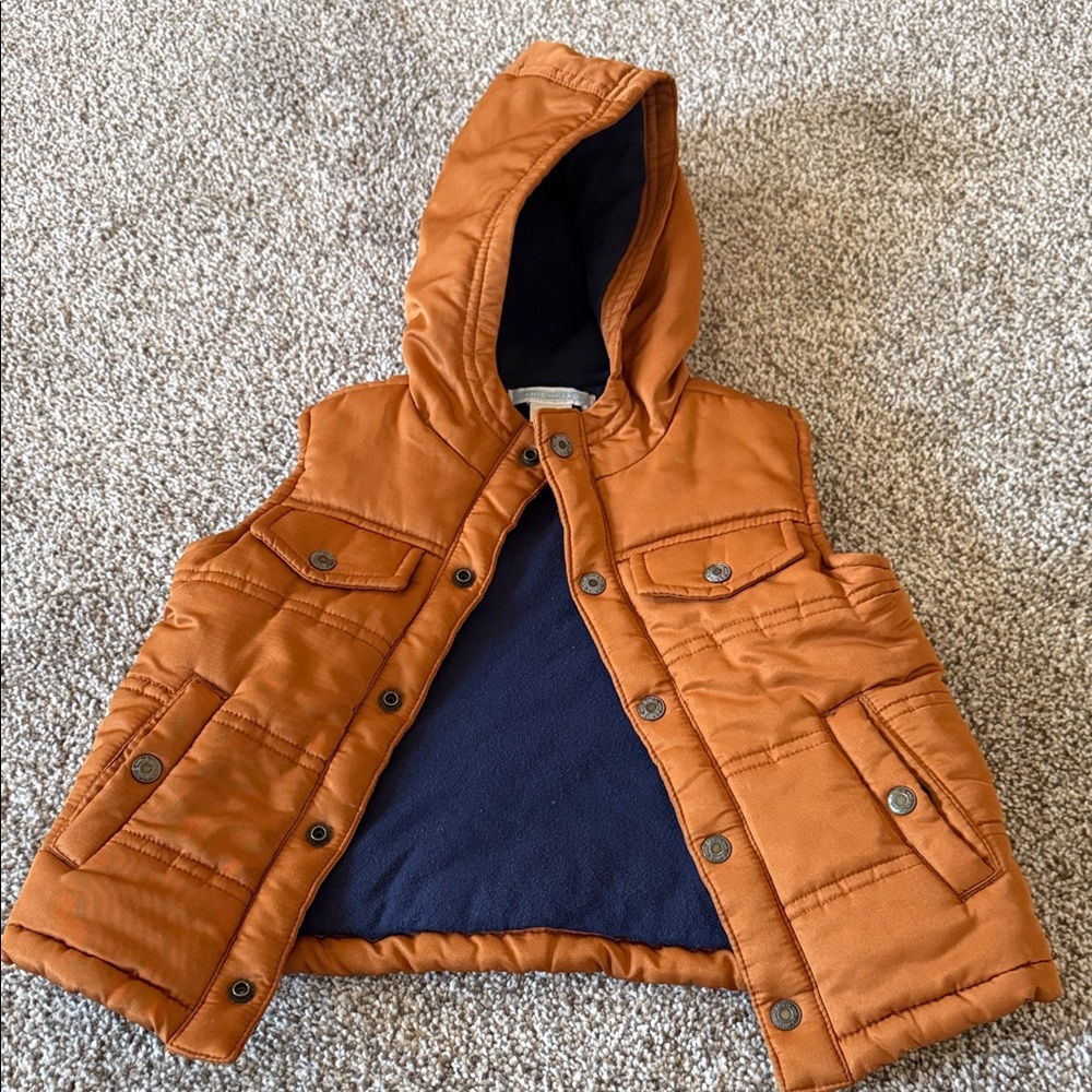 Janie and Jack Boys Hooded Puffer Vest Navy Lined Brown Size 18-24 MO